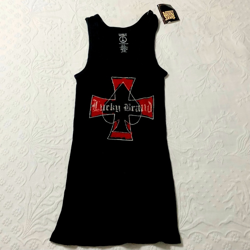 Lucky Brand Top NWT Tank Top Ribbed Black With LB Graphic Vintage Tank Size S/M
